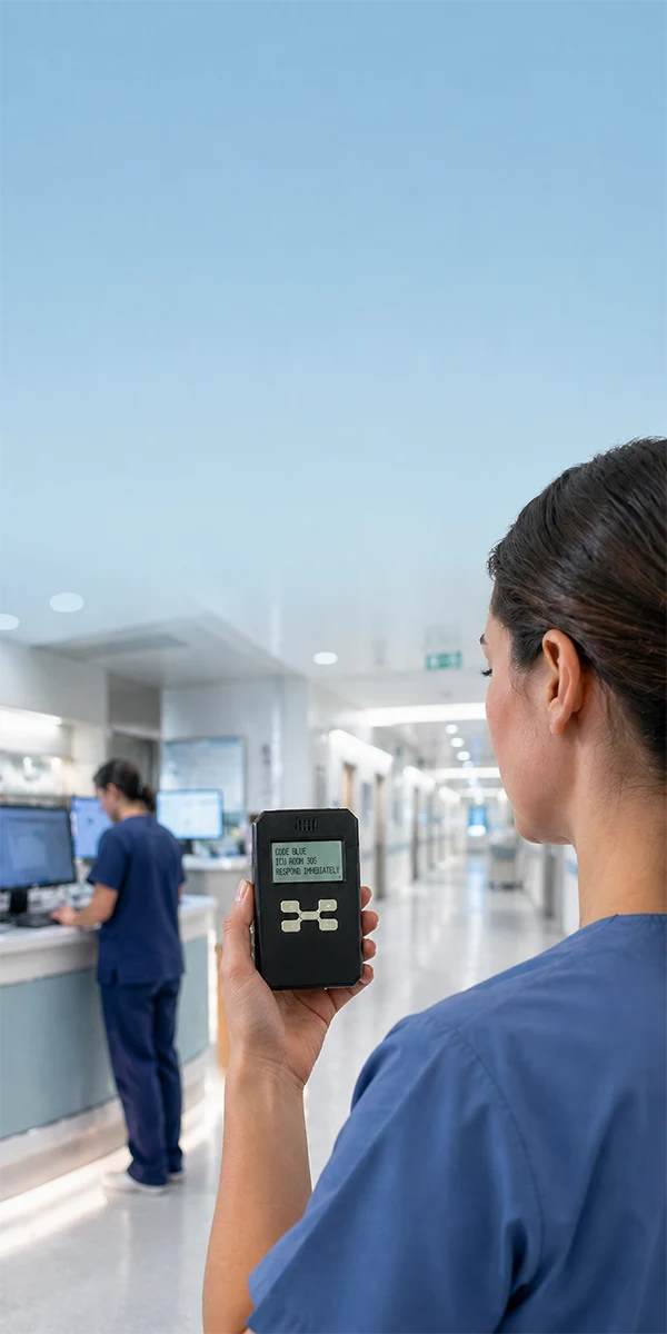 Nurse checking a pager for a critical hospital alert in a clinical communication setting